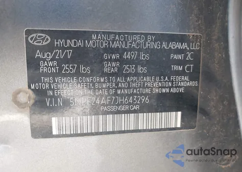 2018 Hyundai Sonata Se z USA, uszkodzony, nr VIN 5NPE24AF7JH643296
